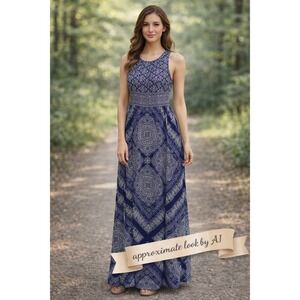 London Times Blue White Medallion Tile Print Sleeveless Maxi Dress Womens Size 8